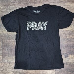 Women's Fitted Black 'PRAY' Graphic Tee Size Medium Biblical Coquette Girl